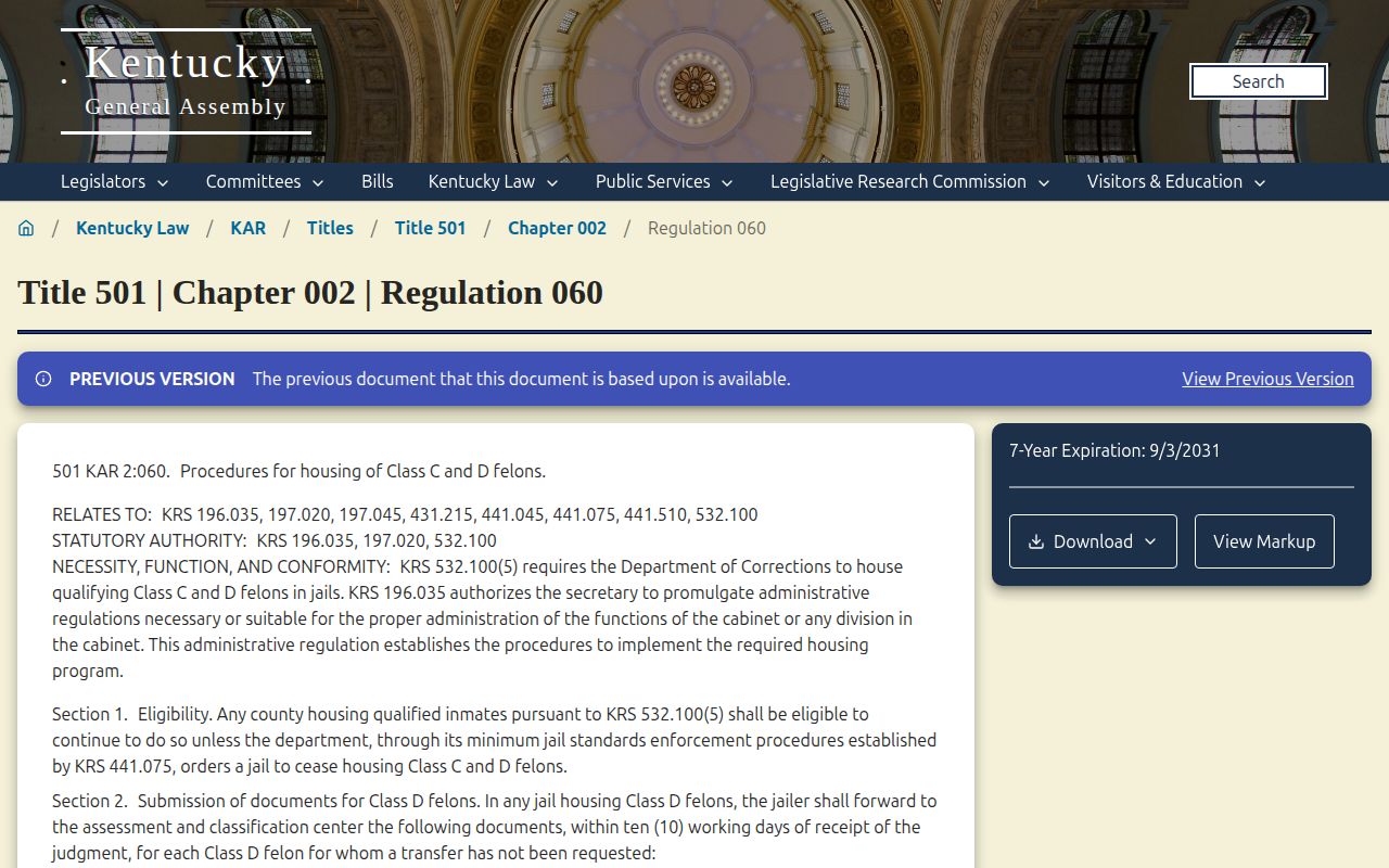 Kentucky regulation page for sentence credits for state prisoners in county jails