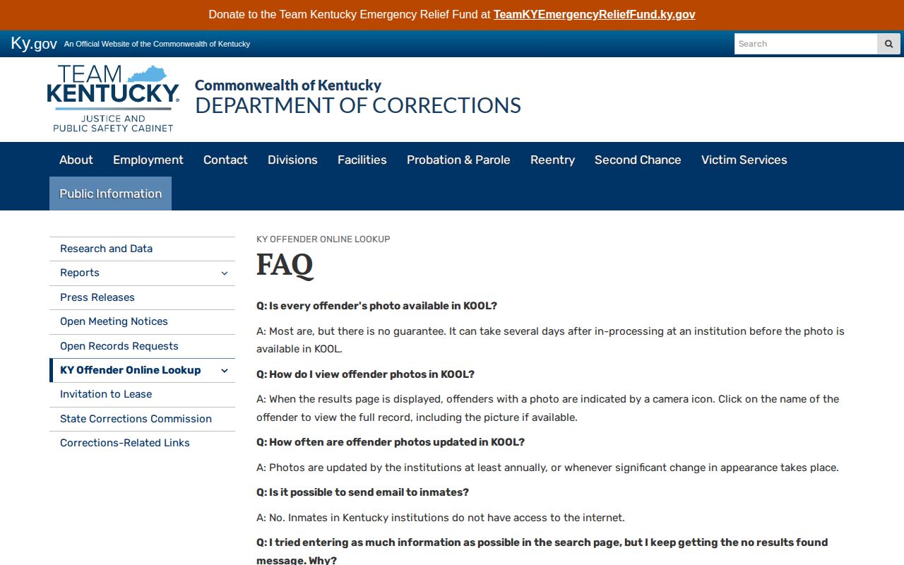 Kentucky Offender Online Lookup photo FAQ official page