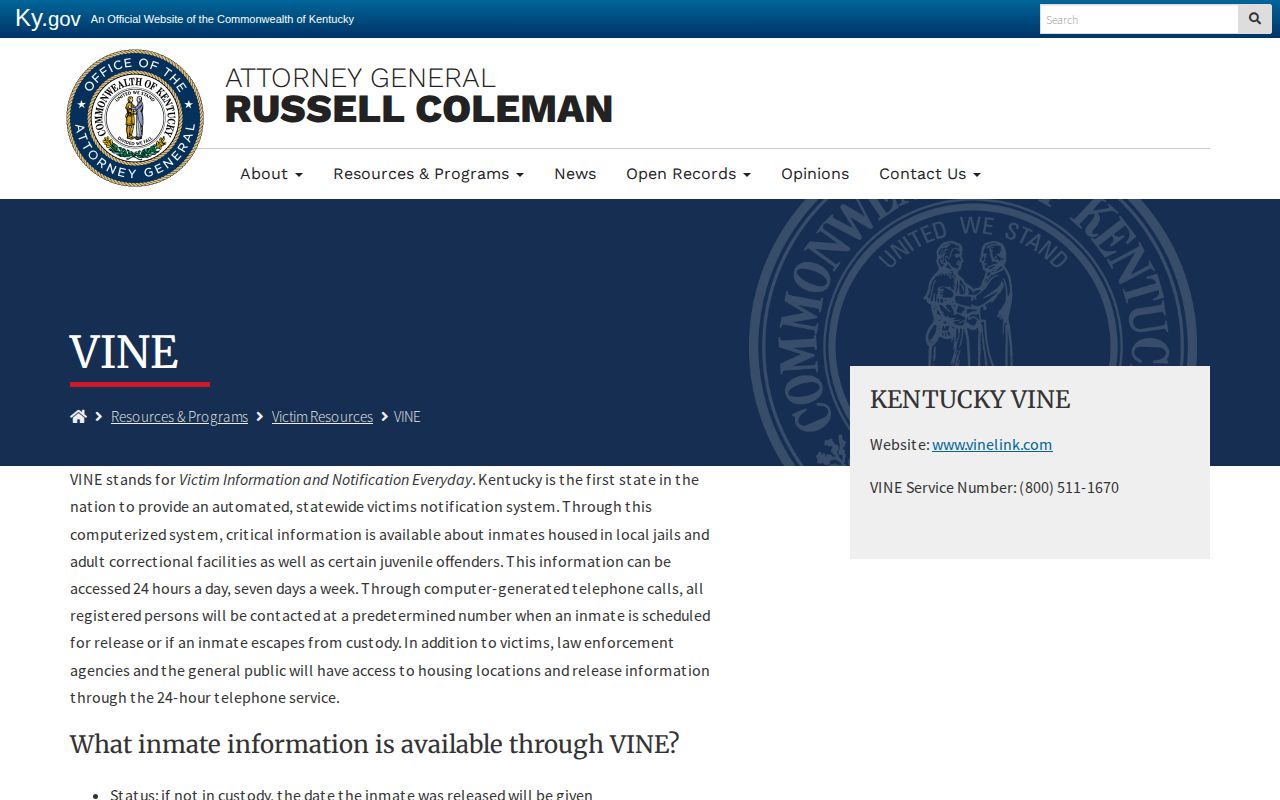 Kentucky Attorney General VINE information page